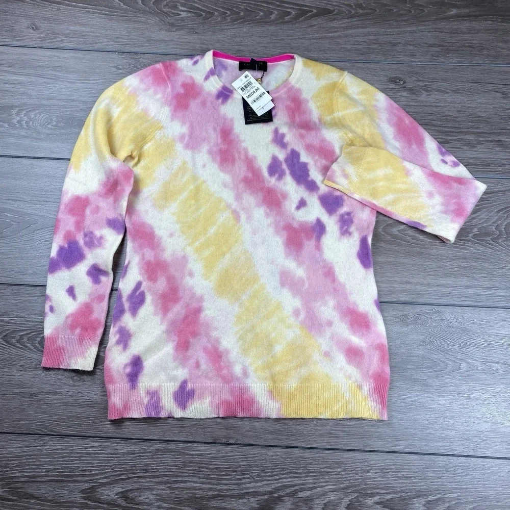 Charter Club Women's Luxury Cashmere Crew Neck Sweater Pink Yellow Tie Dye M New